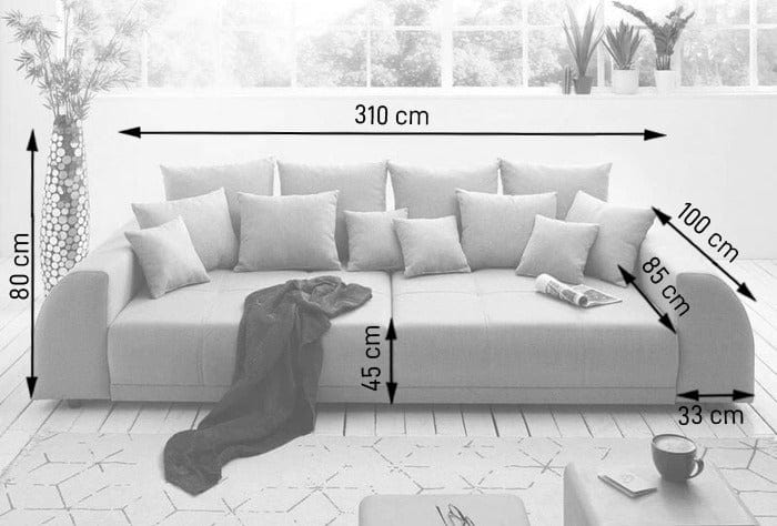 Kanapéágy tárolófiókkal és kényelmes HR habszivacs ülésse, Big Sofa Verona Dark Grey 310x100 cm széklettel együtt