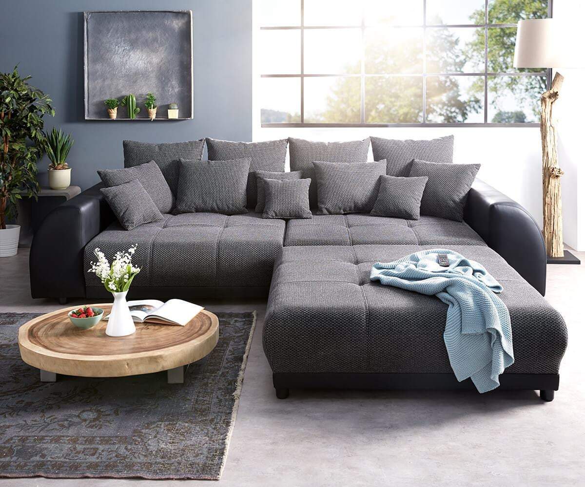 Kanapéágy tárolófiókkal és kényelmes HR habszivacs ülésse, Big Sofa Verona Dark Grey 310x100 cm széklettel együtt