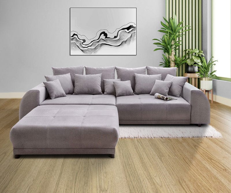 Kanapéágy tárolófiókkal és kényelmes HR habszivacs ülésse, Big Sofa Verona Grey 310x100 cm széklettel együtt