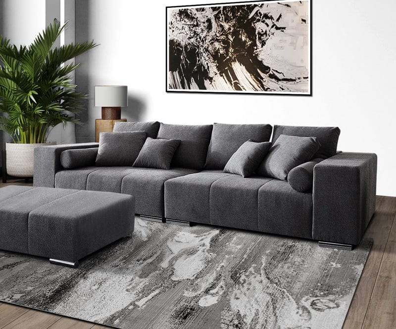 Canapea extensibilă cu ladă de depozitare Marbela Graphite XXL 290x110 cm cu taburet inclus | Dumonde Furniture & Deco Concept.