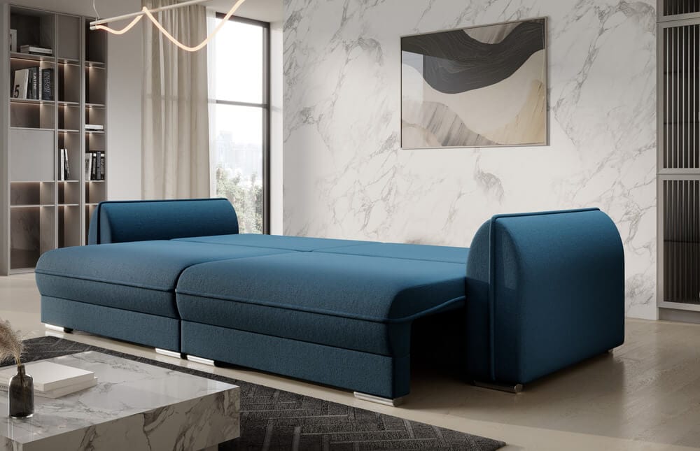 Canapea extensibilă cu ladă de depozitare si sezut confortabil din spuma HR, Denver Blue 300x100 cm