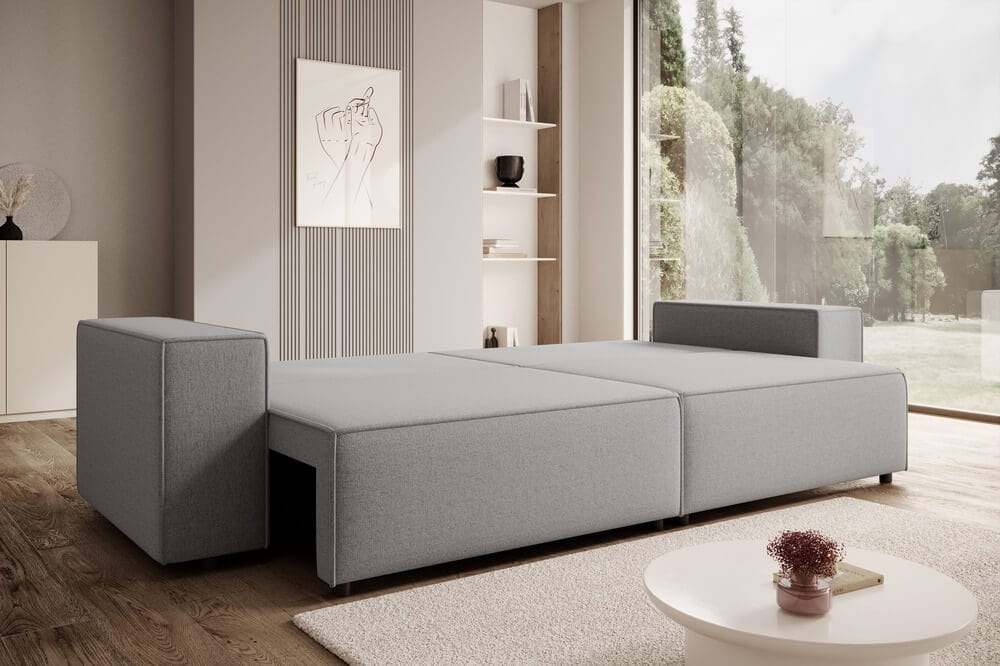 Canapea extensibilă cu ladă de depozitare si sezut confortabil din spuma HR, Dream Grey 310x100 cm