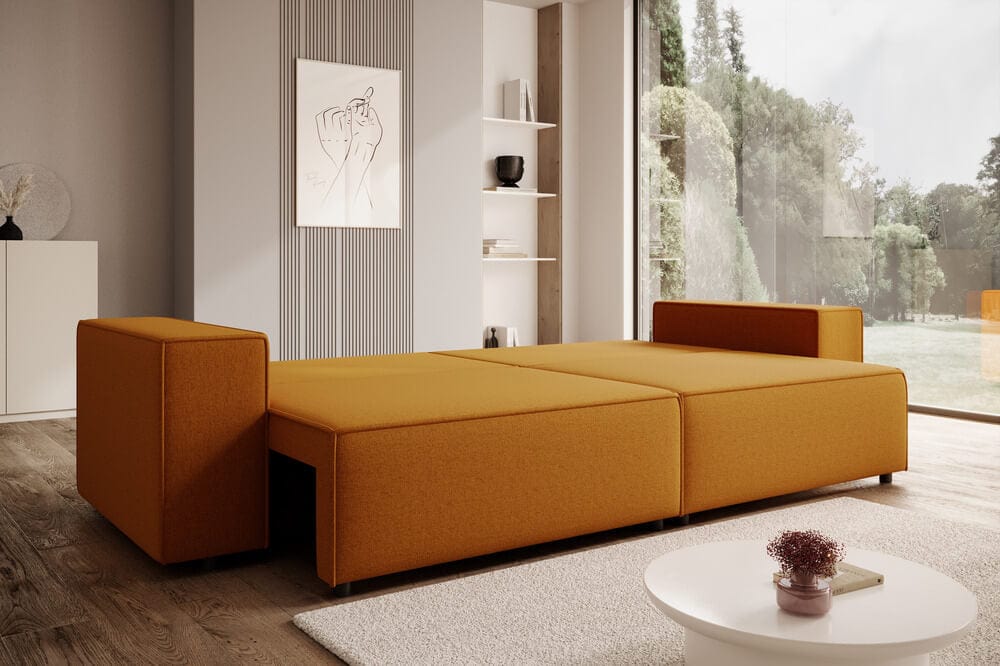 Canapea extensibilă cu ladă de depozitare si sezut confortabil din spuma HR, Dream Yellow 310x100 cm