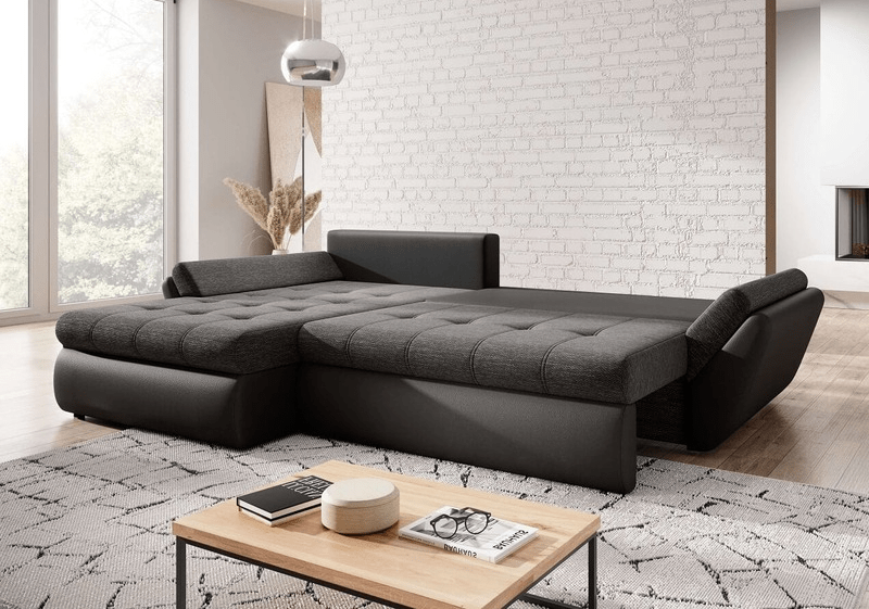 Colțar extensibil cu ladă de depozitare Loana Black II 275x185 cm | Dumonde Furniture & Deco Concept.