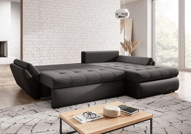 Colțar extensibil cu ladă de depozitare Loana Black 275x185 cm | Modern Living