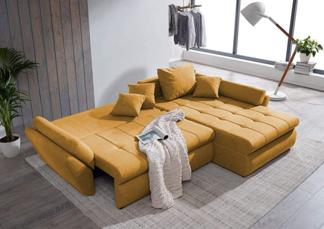 Colțar extensibil cu ladă de depozitare Loana Muștar II 275x185 cm | Dumonde Furniture & Deco Concept.