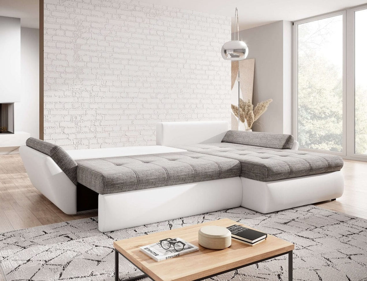 Colțar extensibil cu ladă de depozitare Loana White 275x185 cm | Dumonde Furniture & Deco Concept.