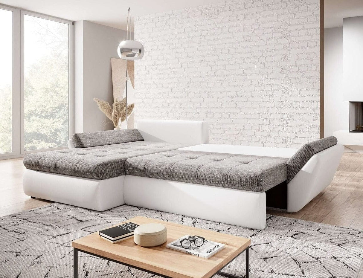 Colțar extensibil cu ladă de depozitare Loana White 275x185 cm | Dumonde Furniture & Deco Concept.