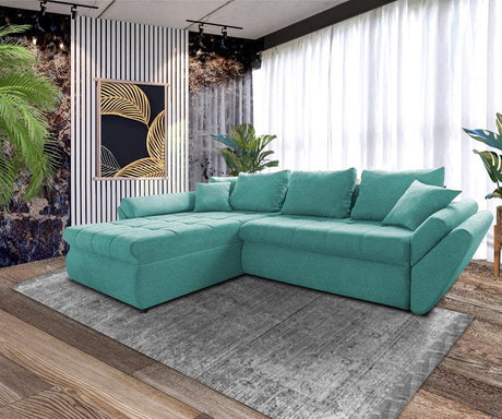 Colțar extensibil cu ladă de depozitare Loana Mint 275x185 cm | Dumonde Furniture & Deco Concept.